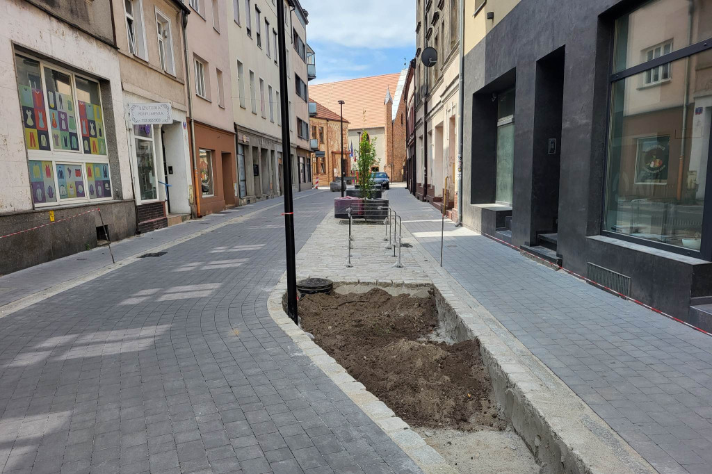 Klomby i donice na remontowanym deptaku