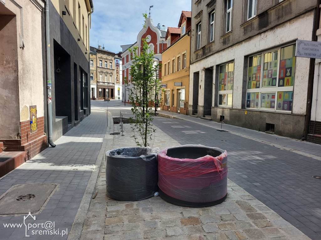Klomby i donice na remontowanym deptaku