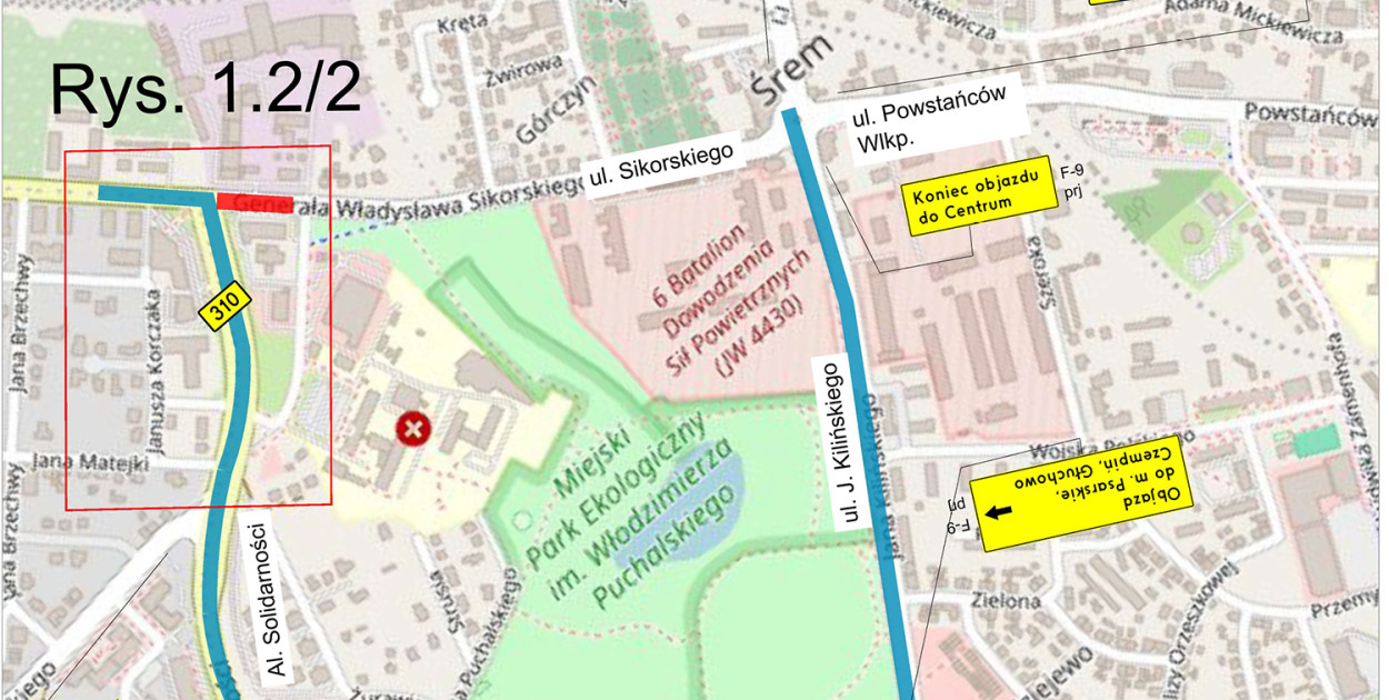 Schemat objazdu na czas budowy ronda w Śremie