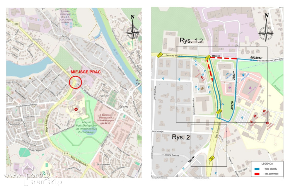 Schemat objazdu na czas budowy ronda w Śremie