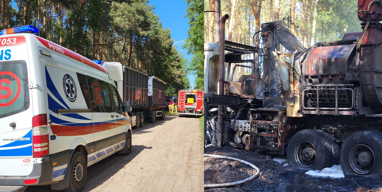 Rębak w płomieniach – nie udało uratować się  ciężarówki w lesie