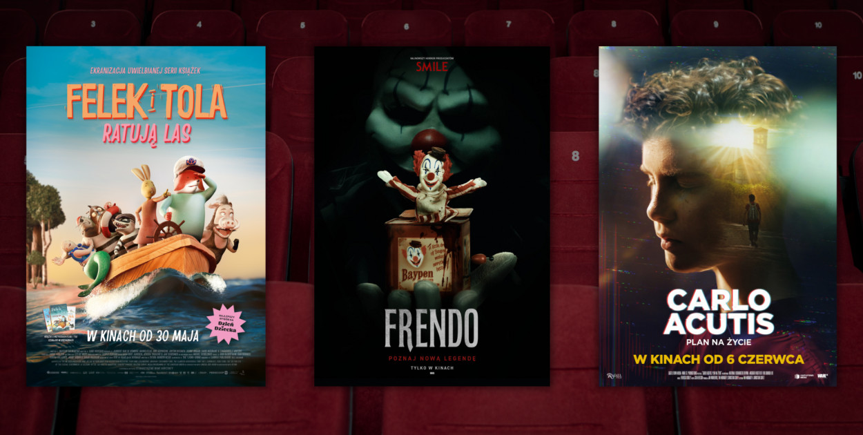 Plakaty filmów „Felek i Tola ratują las”, „Frendo” i „Carlo Acutis. Plan na życie”.